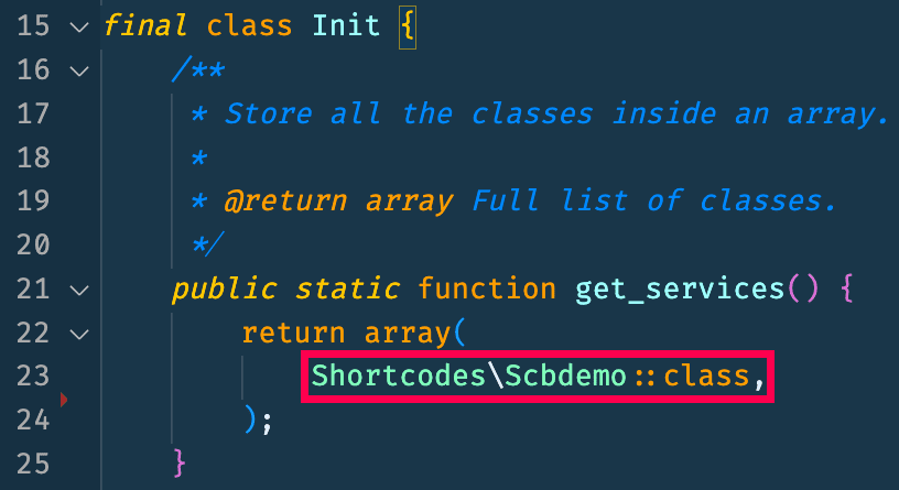 Register the Scbdemo shortcode Class in the Init file.
