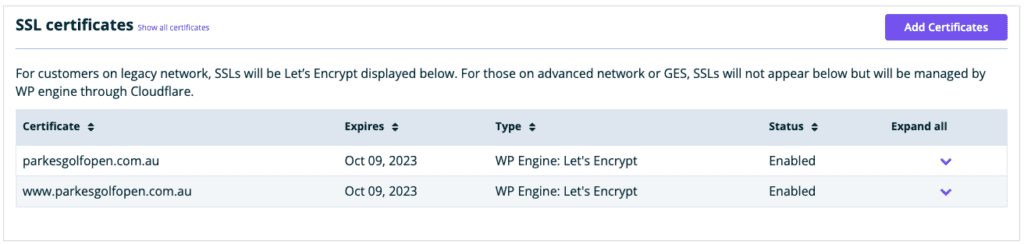 SSL certificates table WP Engine.