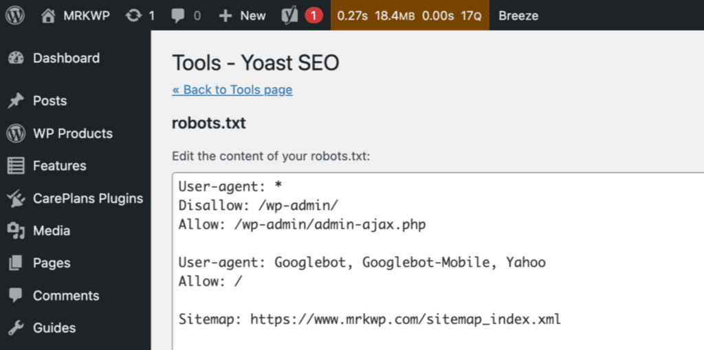 Performing a robots file check in Yoast SEO Tools.