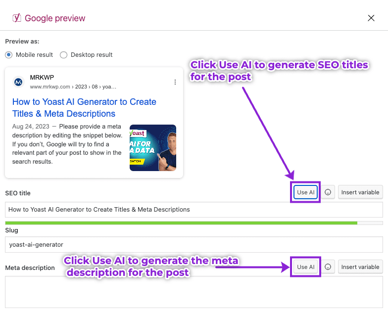 Click the Use AI buttons to generate the content.