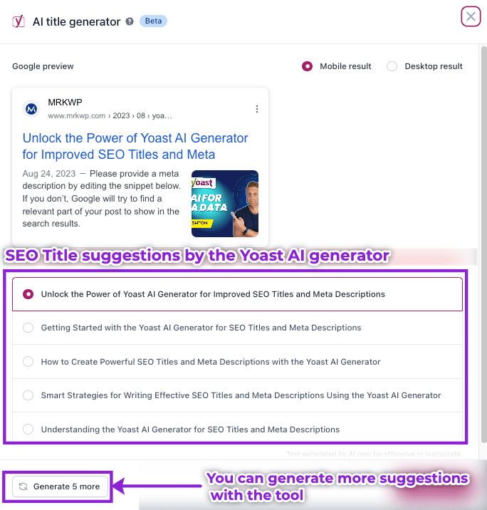 SEO Titles generated by the Yoast AI tool