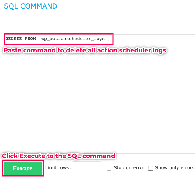 Delete action scheduler logs SQL command.