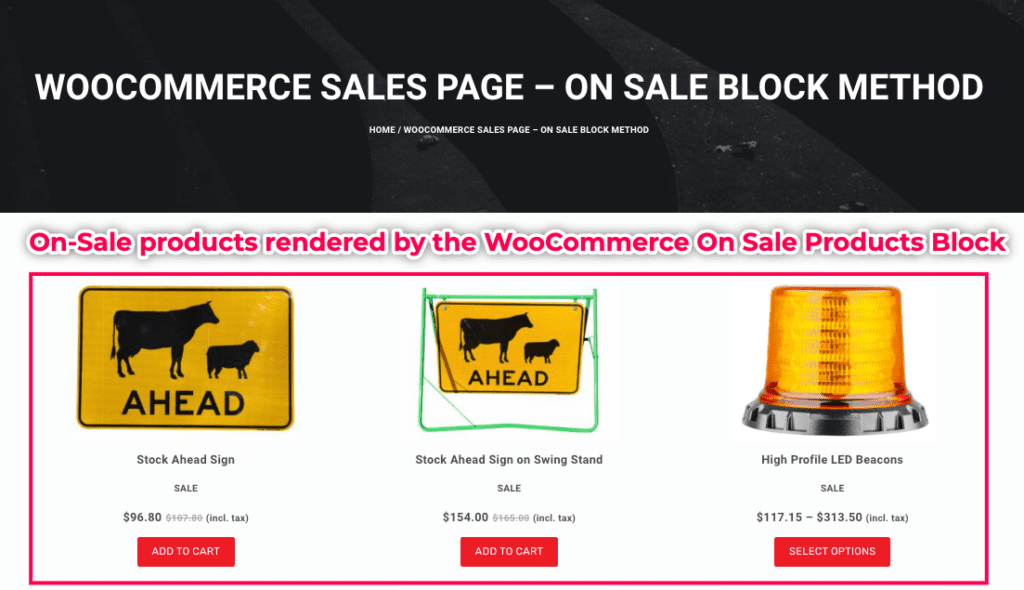 On Sale page generated by the WooCommerce Block