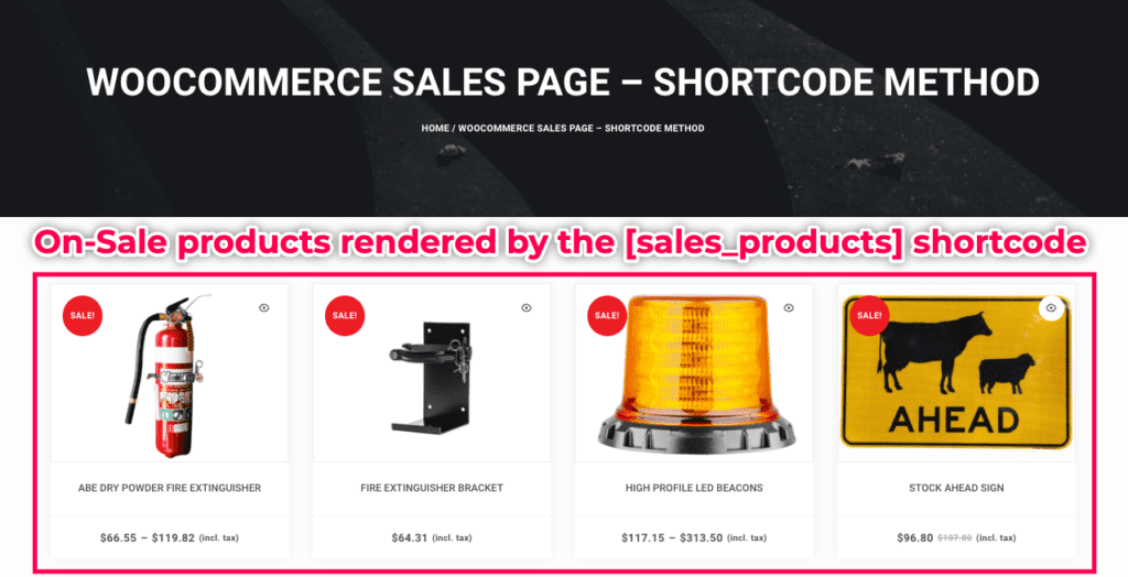 On Sale page generated by the sales products shortcode.