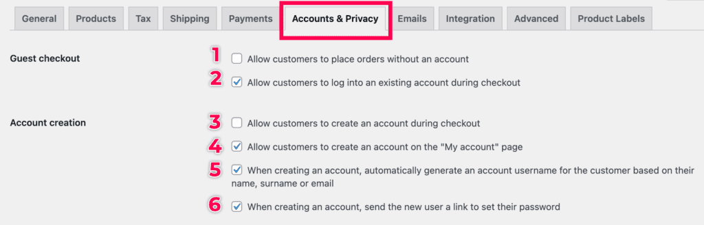Account and Provacy settings to prevent credit card scams in Woocommerce