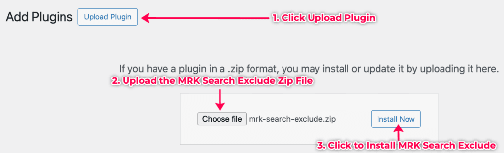 Process on how to add the MRK Search Exclude plugin to your WordPress site