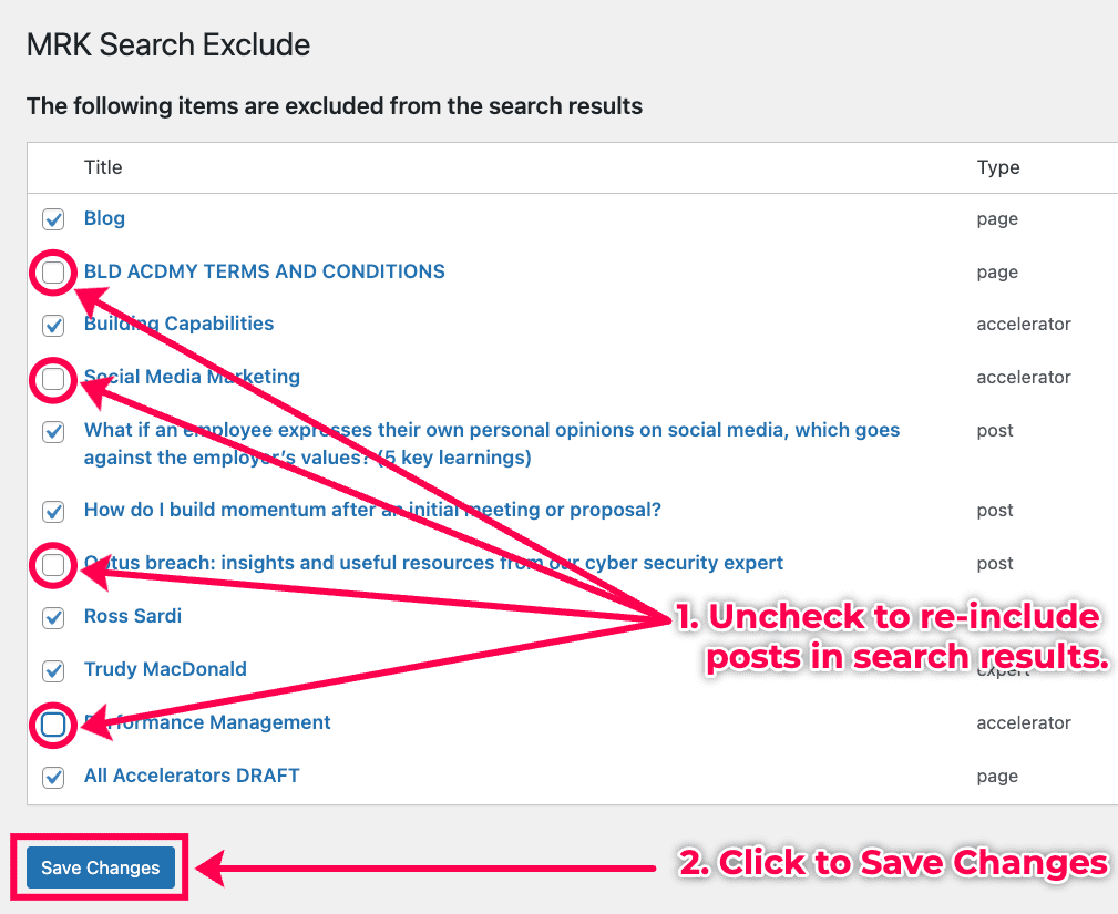 How to adjust search exclude settings for posts