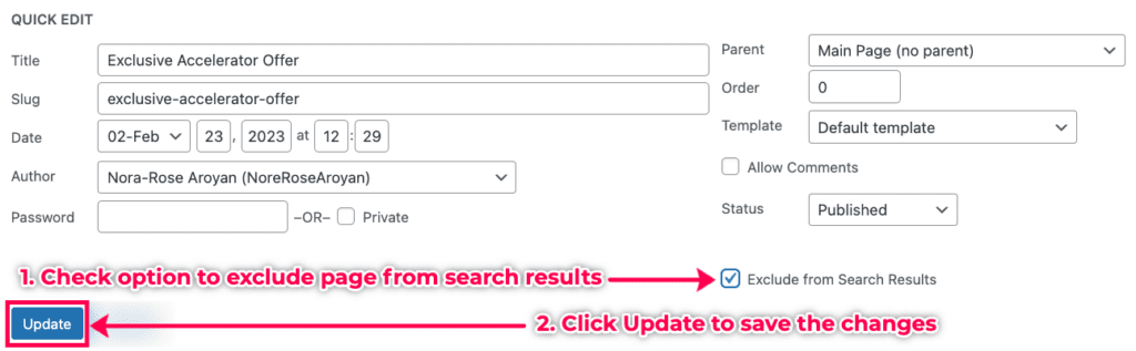 How to remove a post from search using the Quick Edit approach