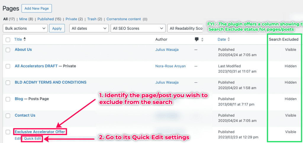 Identify post/page to hide from search.