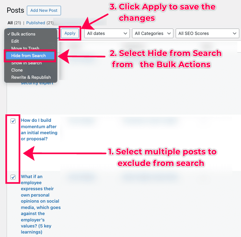 How to exclude multiple posts from search using the bulk edit option