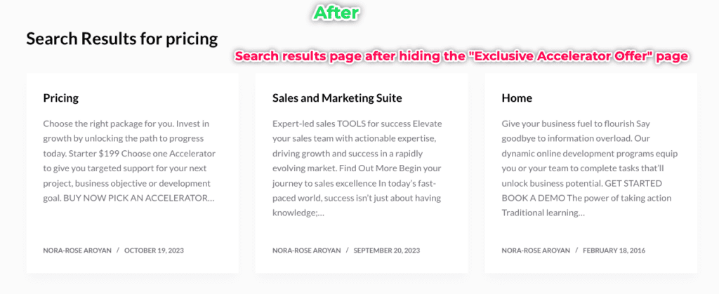 Search results page after hiding content from search.