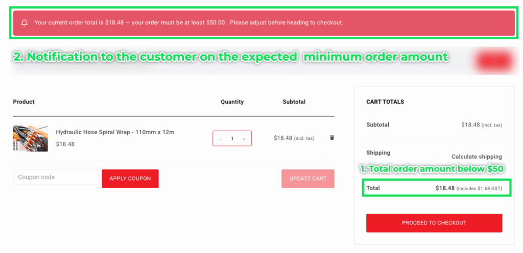 A notification informing the customer to meet the expected lowest limit amount for an order