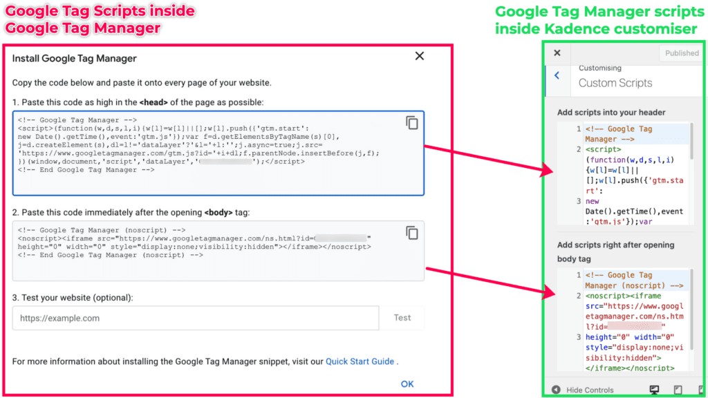 Add Google Tag Manager scripts to the Kadence Custom Scripts section