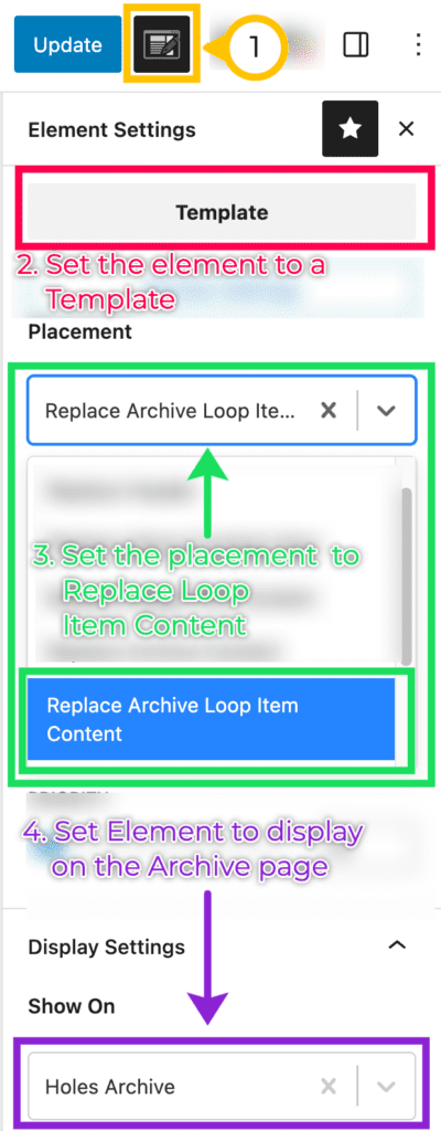 Display settings for the archive loop template