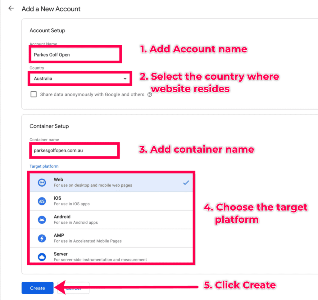 Create a Google Tag Account and Container Form