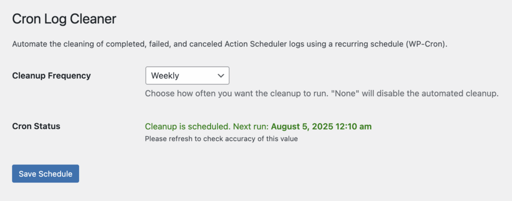 Cron configuration screen for Action Schedule Cleaner.