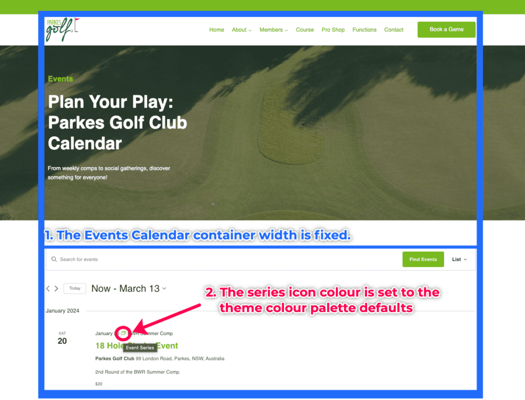 Fixed Events Calendar page width with Kadence