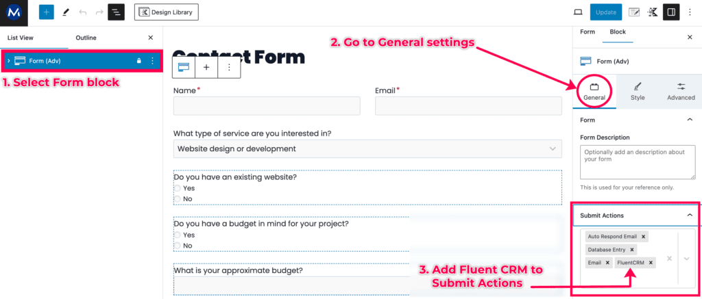 Add Fluent CRM to Kadence form submit actions