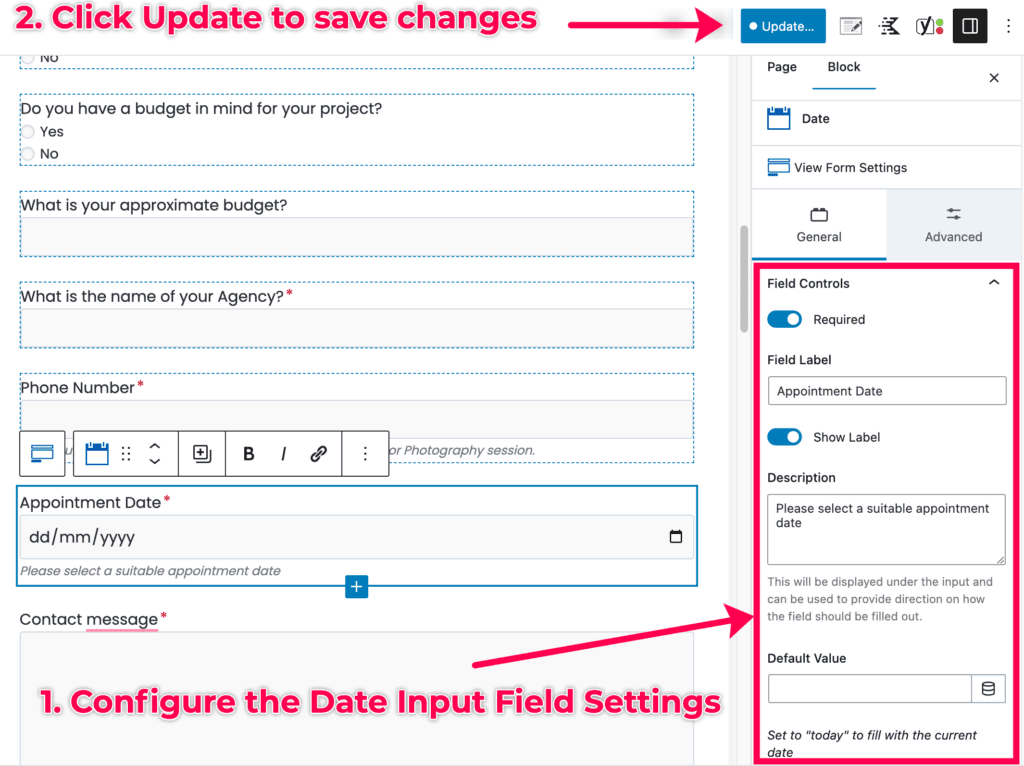 Configuration of the Date Input field settings in Kadence Forms