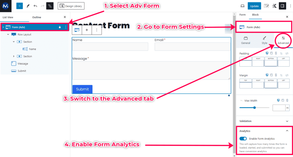 Steps on how to enable Analytics in Kadence Forms