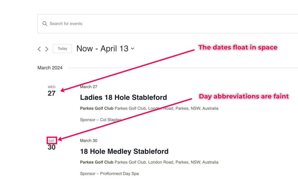 Default date styles on Events calendar list view