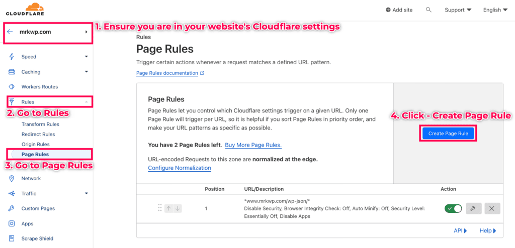 How to access website Page Rule settings inside Cloudflare