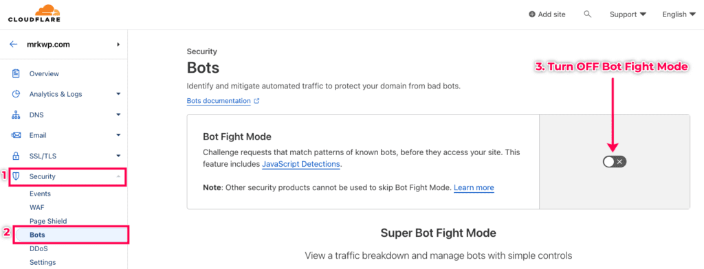 How to turn off Cloudflare's Bot Fight mode.