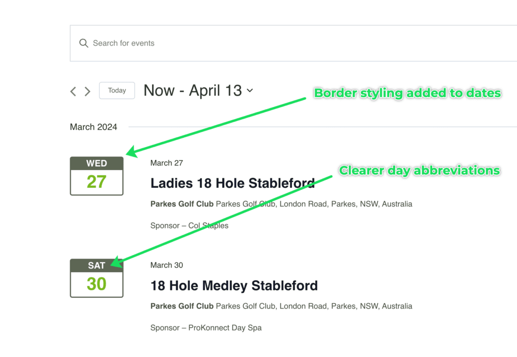 Custom date styles on the Events calendar's list view