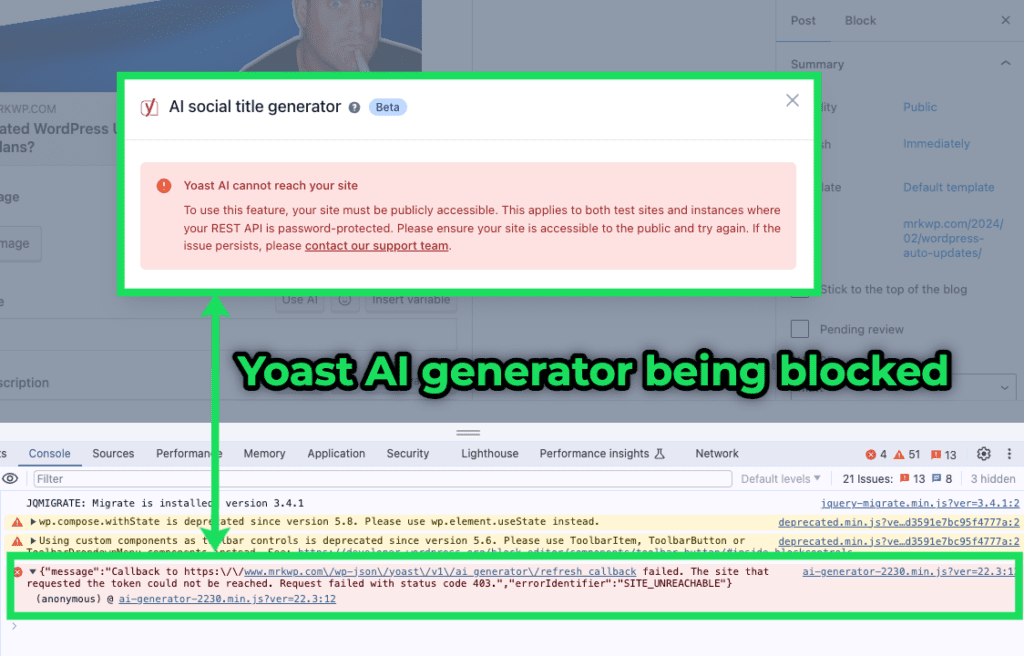 Yoast AI generator unable to access the WordPress REST API