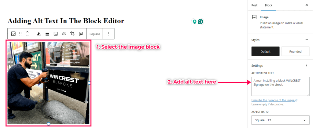 Adding the alt attribute in the block editor