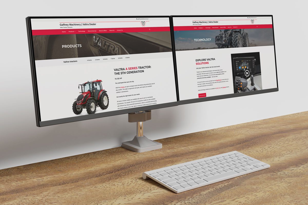 Gaffney Valtra Dual Screen Mockup - Products page (left) and Technology page (right)