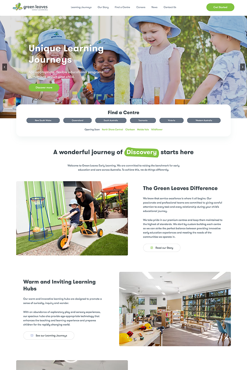 Green Leaves Early Learning website - home page screenshot