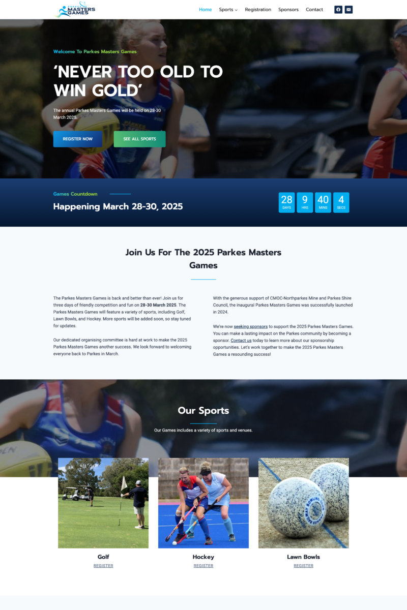 Parkes Masters Games website - home page screenshot
