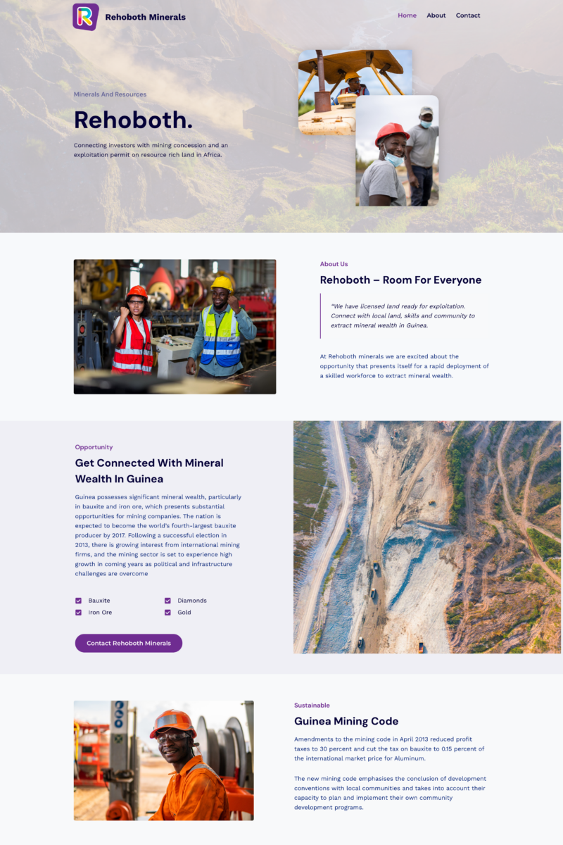 Rehoboth Minerals website - home page screenshot
